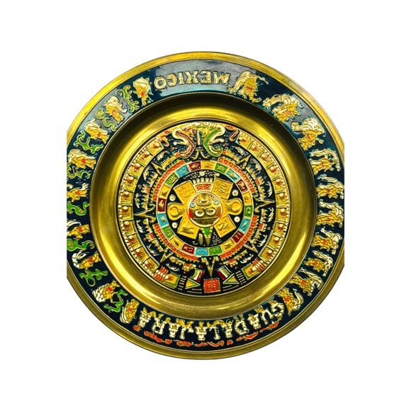 Vintage Guadalajara Mexico Decorative Brass Aztec Calendar Plate 11" - Picture 11 of 12